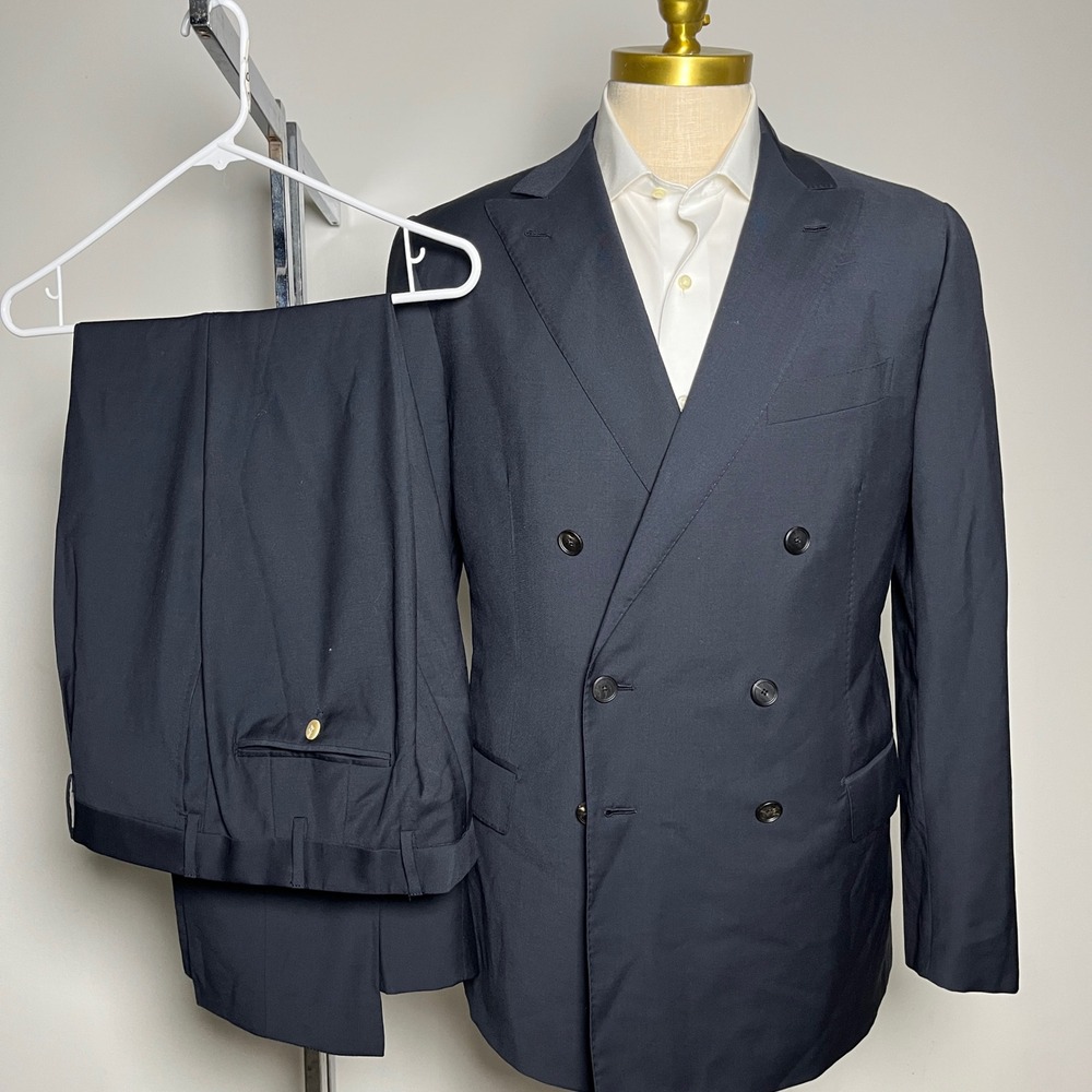 Caruso Suit Men 40R (52 it) 34W Gray Solid Double Breasted Peak Lapel Wool Italy